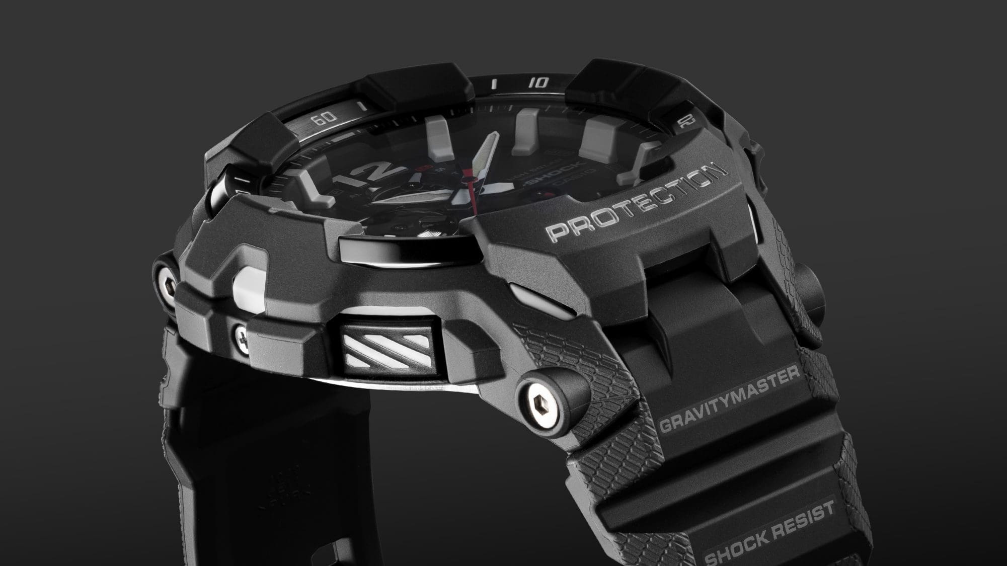 Vista lateral de un reloj de pulsera G-Shock GR-B300 negro