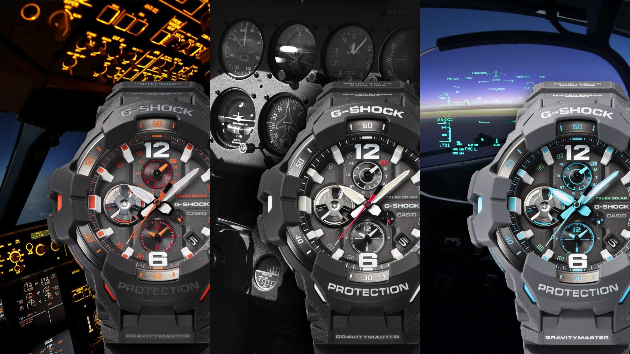 De izquierda a derecha: GR-B300-1A4, GR-B300-1A, GR-B300-8A2 Tres modelos Master of G Gravitymaster GR-B300 con el fondo de la cabina de mando, de izquierda a derecha: GR-B300-1A4, GR-B300-1A, GR-B300-8A2