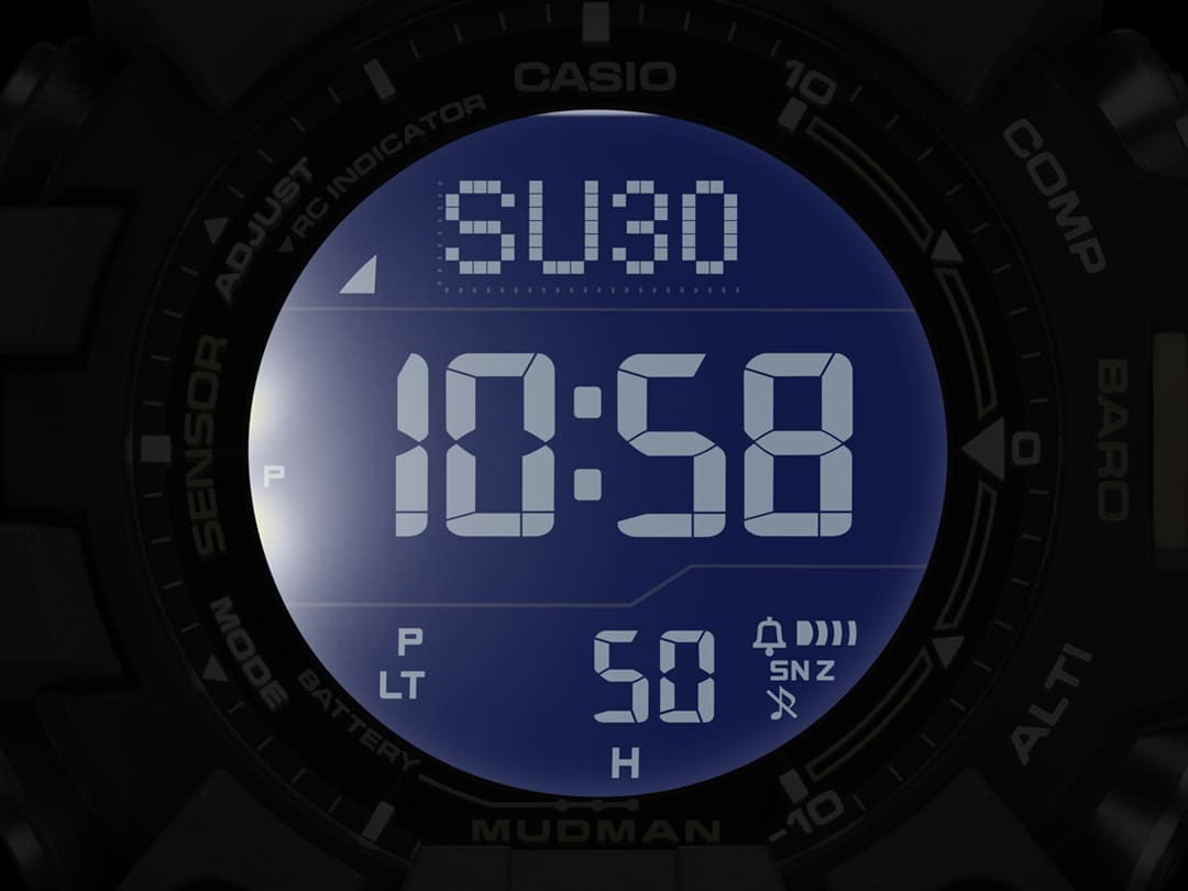 La pantalla iluminada y de fácil lectura de un reloj radiocontrolado GW-9500-3.