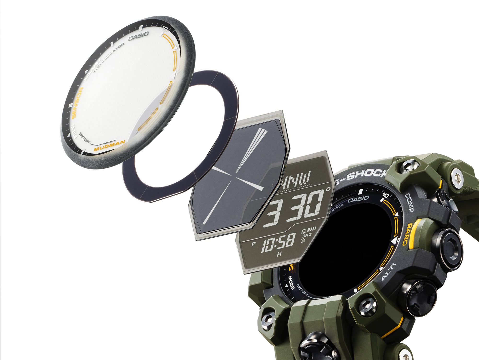 Los componentes individuales de la pantalla de un reloj multifunción Mudman GW-9500