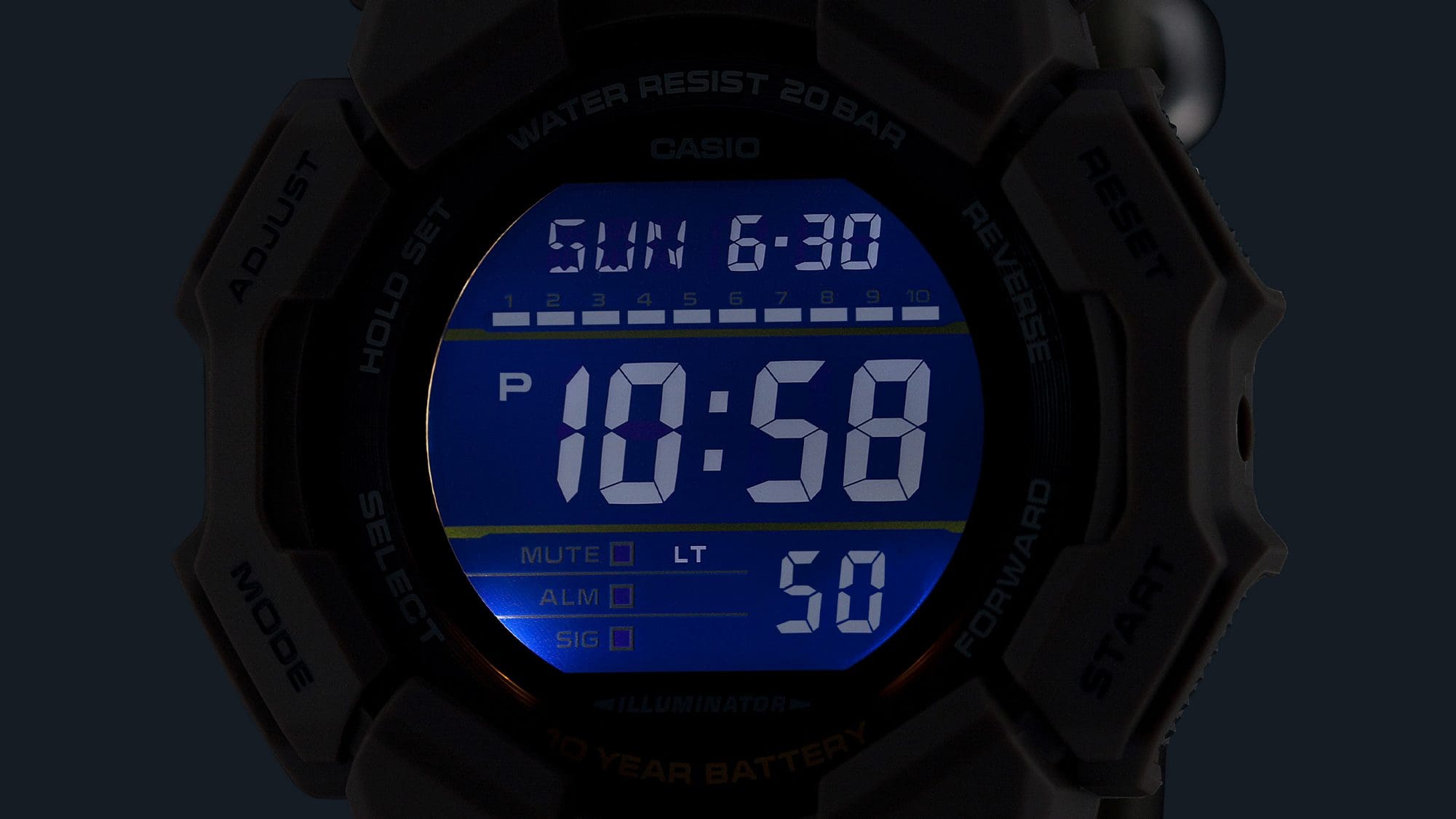 Superiluminador (luz LED de alto brillo) que permite que el reloj se siga pudiendo leer en la oscuridad