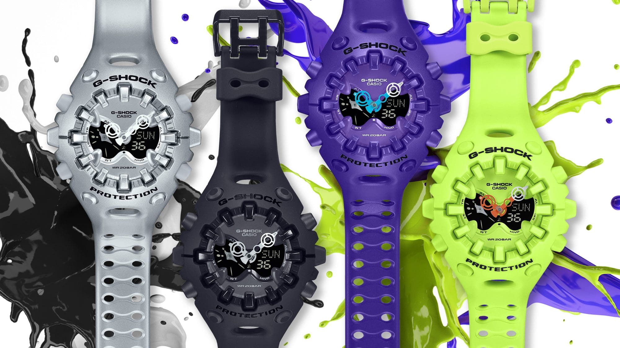 Cuatro modelos de reloj «GA-V01» con una gran caja redonda y pantalla analógica en verde neón, negro, plateado y morado.