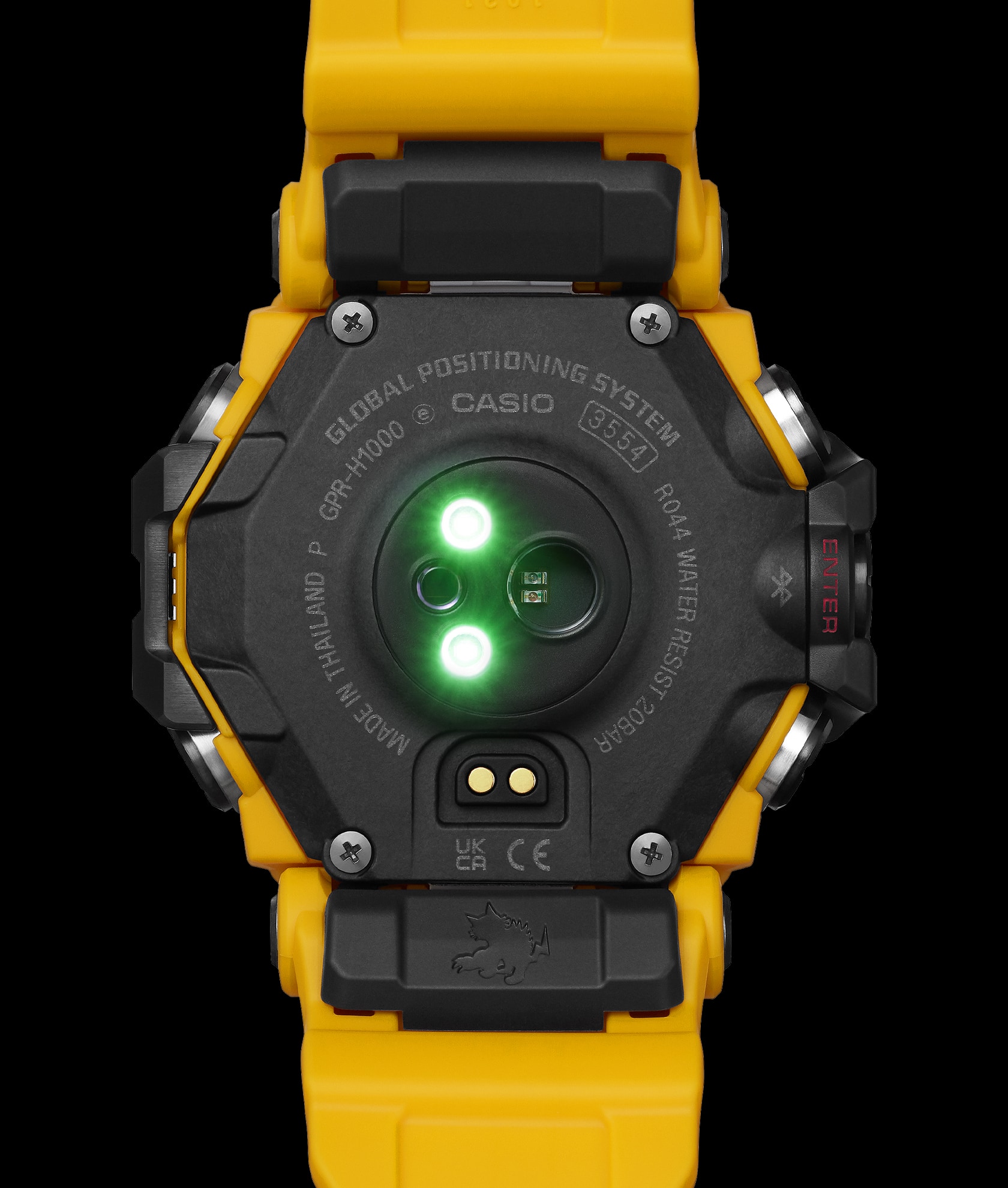Reverso del reloj deportivo GPR-H1000-9 con sensor de frecuencia cardíaca verde brillante