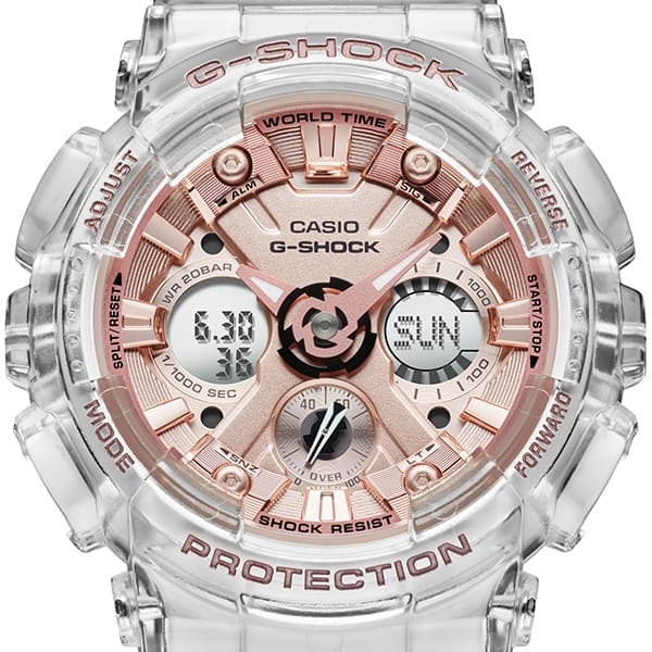 Primer plano de la esfera de color oro rosa del reloj de running GMA-S120SR-7A