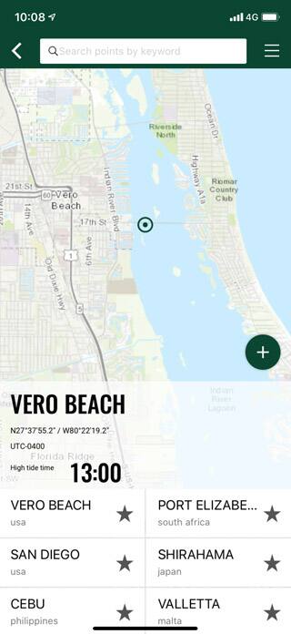 Pantalla de la aplicación Pro Trek Connected con los datos del lugar de pesca de Vero Beach