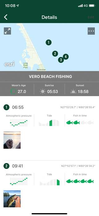 Pantalla del smartphone con la aplicación Pro Trek Connected y los datos de Fish Memo de diferentes unidades de pesca en Vero Beach