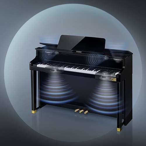 Gráfico del piano digital negro GP-310 de CASIO rodeado por un círculo azul claro y ecos azules que descienden desde el teclado