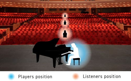 Gráfico de un piano de cola en un escenario con vista al público. El pianista está representado con un color brillante. Como público, hay personas negras sentadas a diferentes distancias del escenario