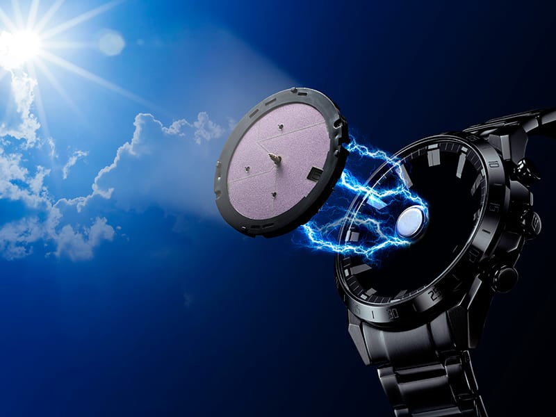 Illustration d'une horloge noire exposée au soleil, où la connexion entre la batterie et le panneau solaire est symbolisée par des éclairs de lumière.