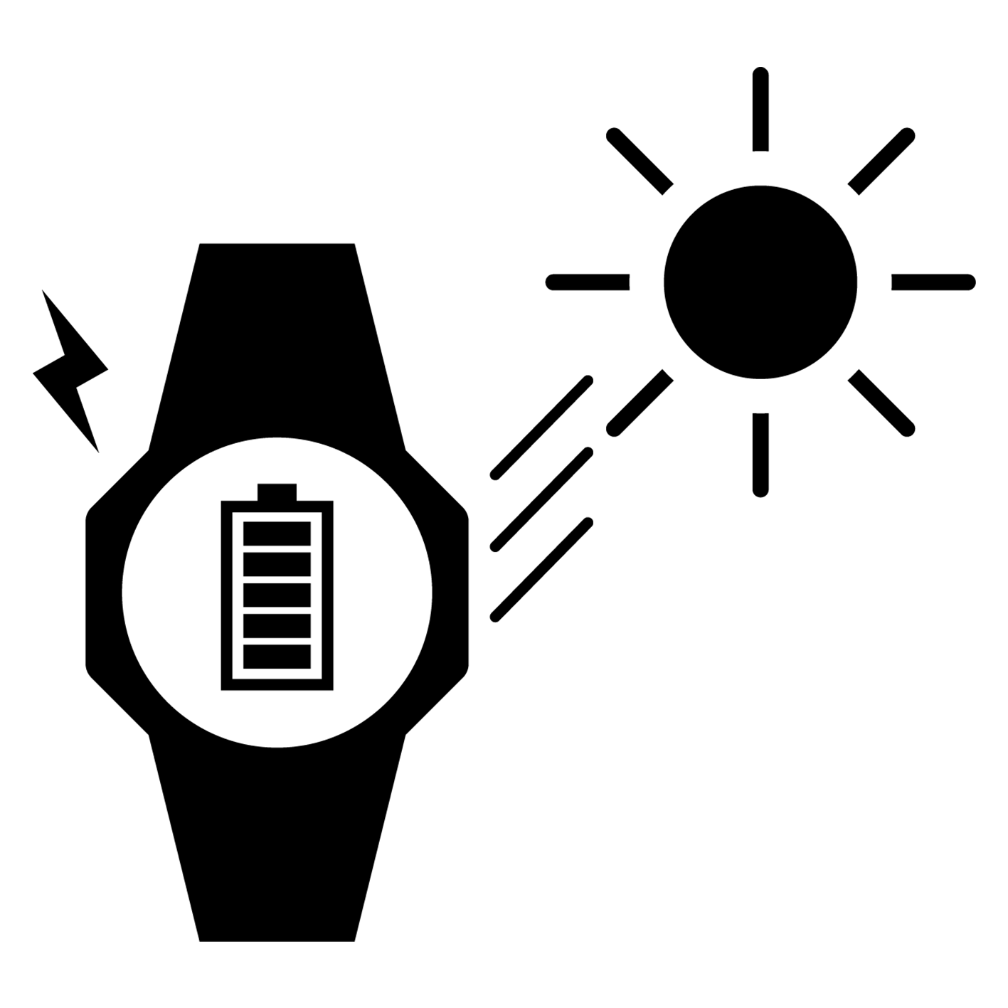 Pictogramme d'une montre fonctionnant à l'énergie solaire, qui se recharge grâce à la lumière du soleil.