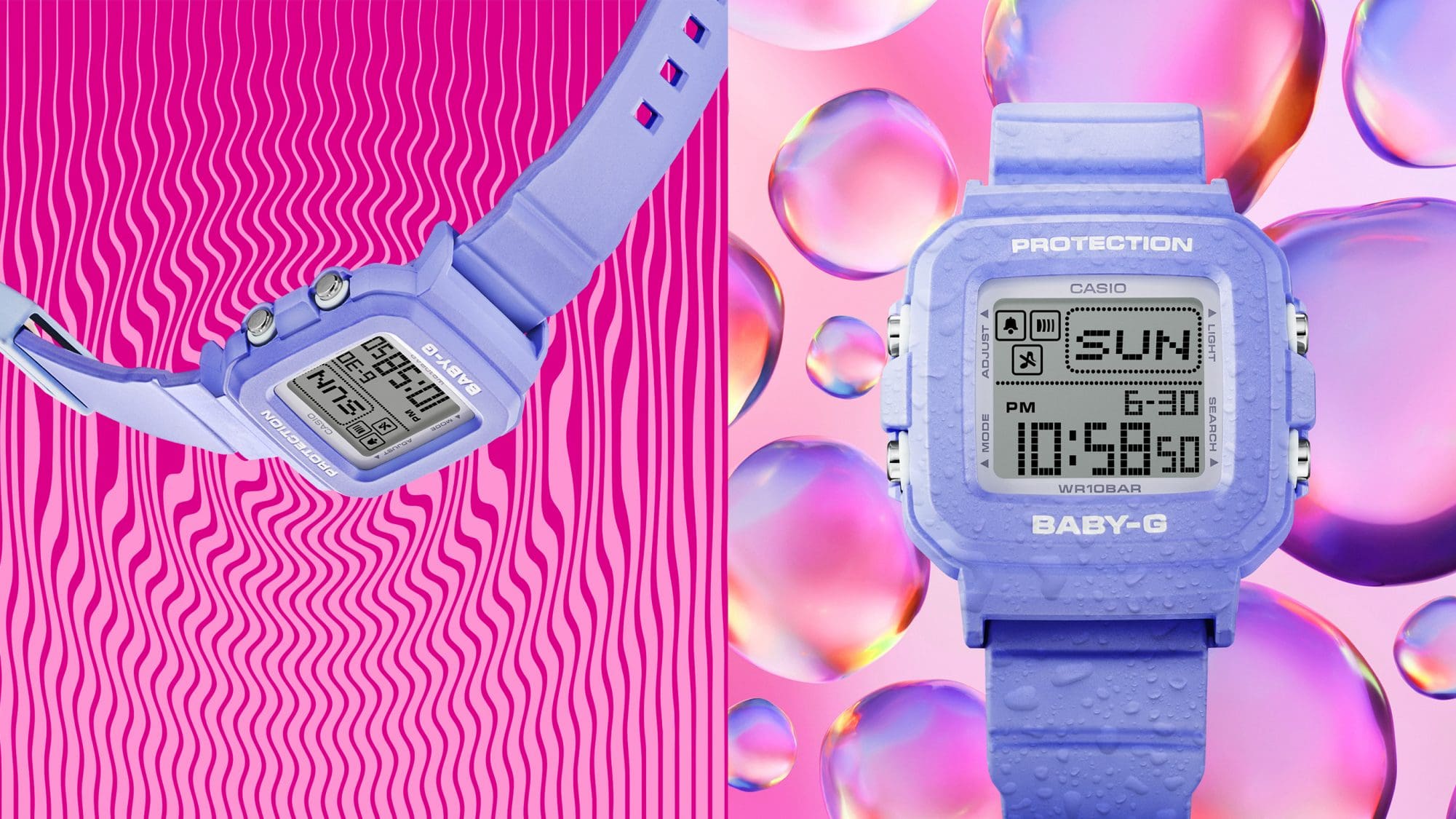 La montre en bracelet violet : à gauche, sur un fond rose qui doit suggérer le mouvement ; à droite, sur un fond rose avec des bulles.