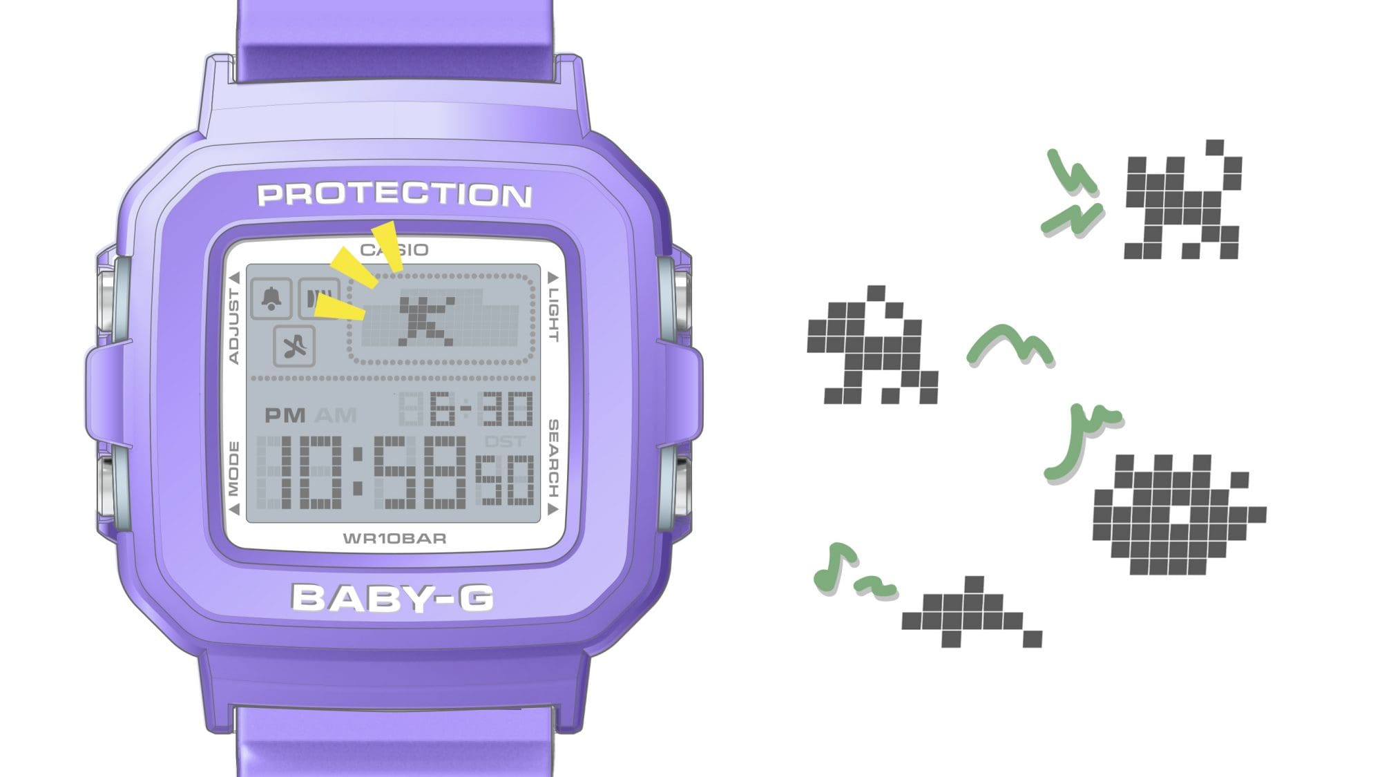 La montre en bracelet violet, sur l'écran on peut voir l'animation des pixels des danseurs. A côté de la montre sont représentés les pixels du chien, du chat, du dauphin et du poisson-globe.