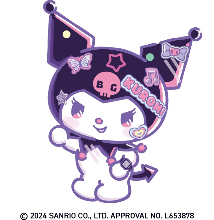 Personnage de bande dessinée Kuromi avec bonnet violet et montre BABY-G collaborative au poignet.