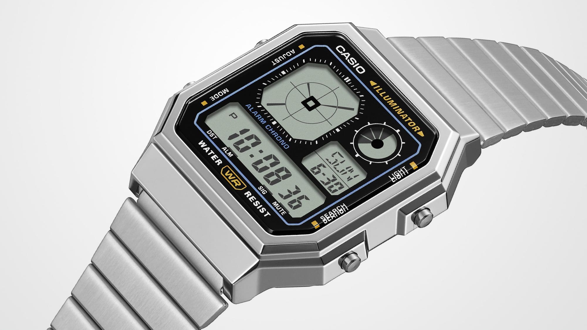 A130WE-1A, Vue latérale de la montre Casio Vintage Collection A130 avec affichage numérique carré et bracelet métallique argenté