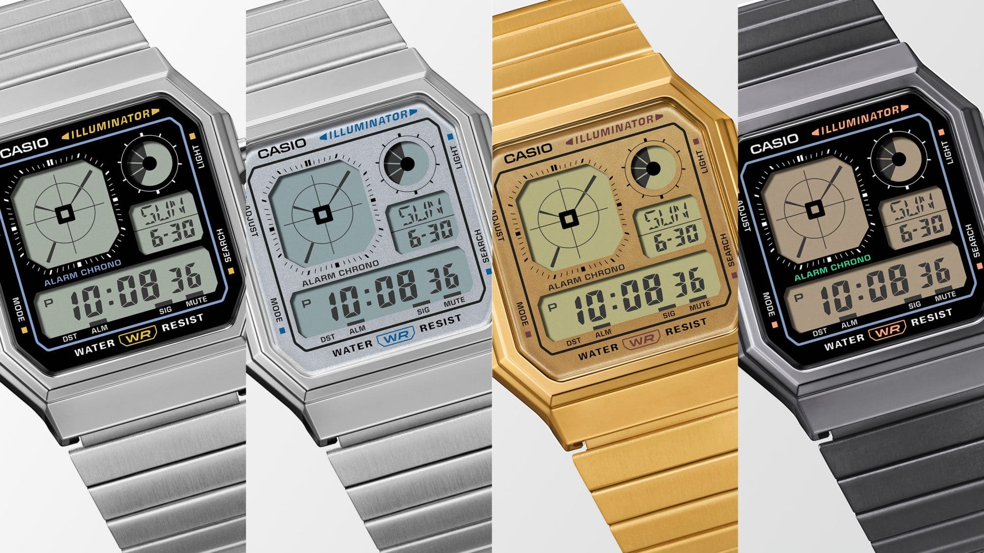 De gauche à droite : A130WE-1A, A130WE-7A, A130WEG-9A, A130WEGG-1A Quatre modèles de montres numériques de la série Casio Vintage A130 avec boîtier carré et différentes couleurs : Argent et noir, argent, doré et gris foncé.