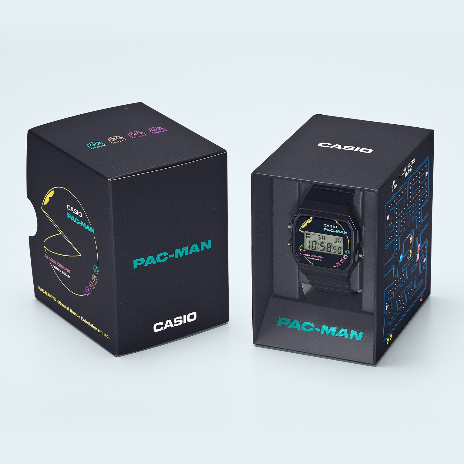 La boîte d'emballage noire de la montre Pac-Man noire F-91WPC-1A de la collection Casio Vintage avec des motifs Pac-Man
