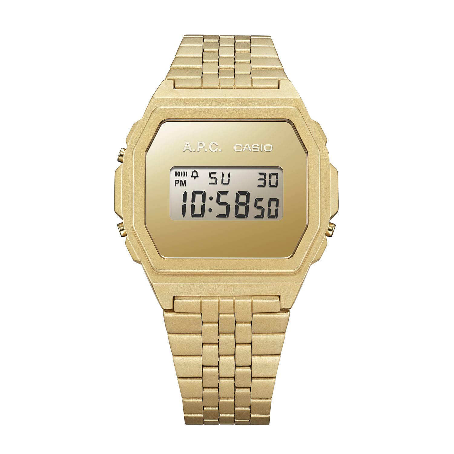 La montre numérique A1000ACG-9 dorée de la collection Casio Vintage, en collaboration avec la marque française de prêt-à-porter de luxe A.P.C. 