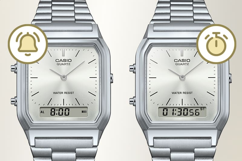 L'écran de la montre A158 avec un gros plan sur les fonctions alarme et chronomètre