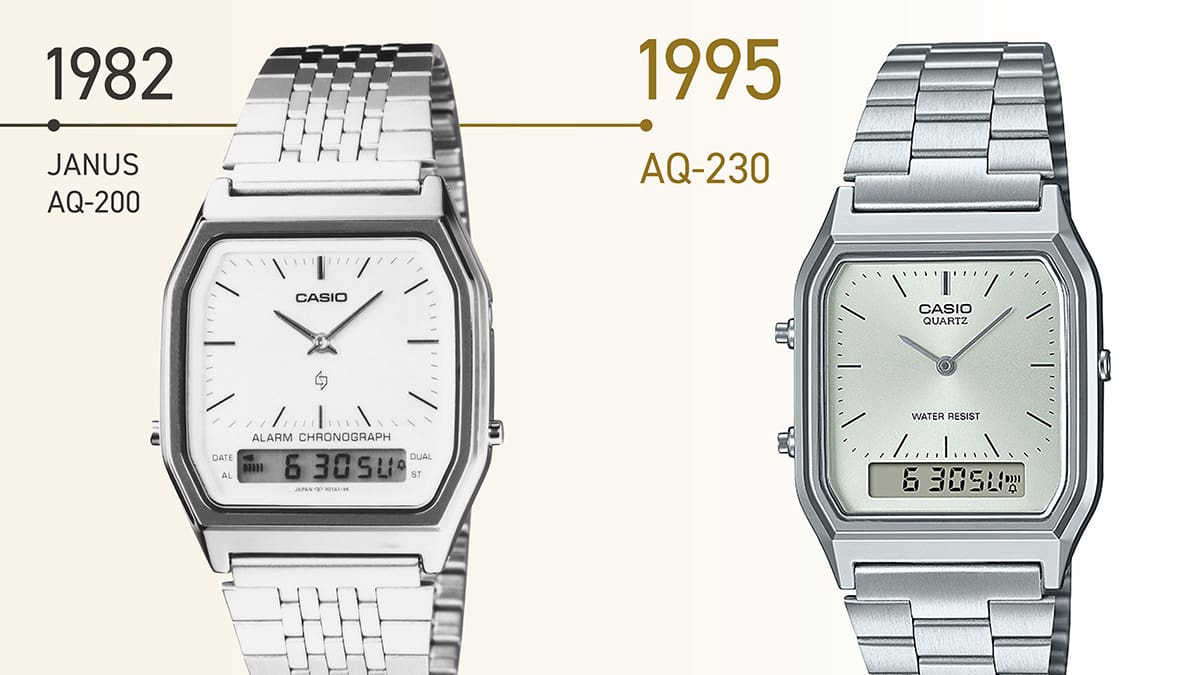 La première montre AQ-200 de 1982 et son cadran blanc appelé « Janus » à côté de la montre AQ-230 créée en 1995 et possédant un cadran blanc-argenté