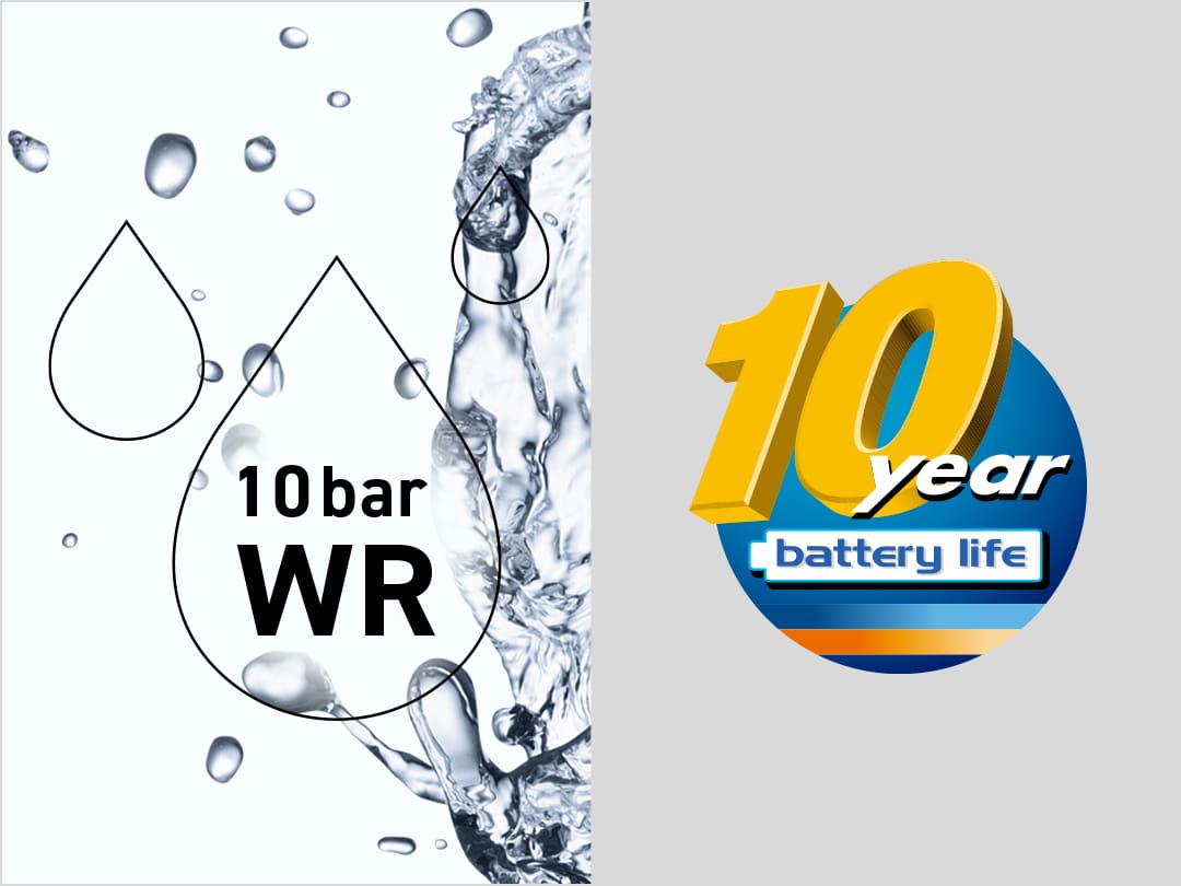 A gauche, le symbole : Goutte d'eau avec texte « 10 bar WR », à droite : symbole de la durée de vie de la pile de 10 ans.