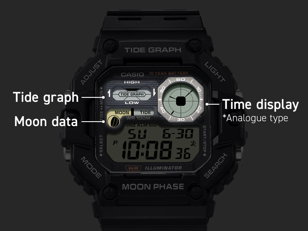 WS-1700H-1AV La montre numérique noire Casio WS-1700H-1AV avec affichage des marées, des phases de la lune et un affichage analogique supplémentaire de l'heure.