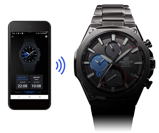 À gauche : Un smartphone noir avec affichage World Time et Home Time, à droite : gros plan sur une montre-bracelet noire Edifice, avec des arbres de connexion entre les deux.