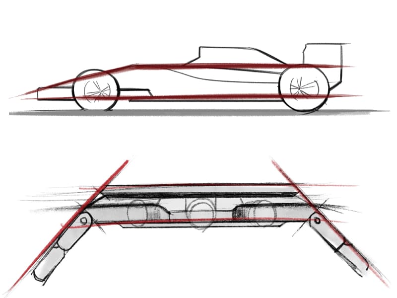 Comparaison de deux dessins conceptuels : en haut, la silhouette d'une voiture de course, en bas, la vue latérale du boîtier de la montre des modèles EQB-1100.