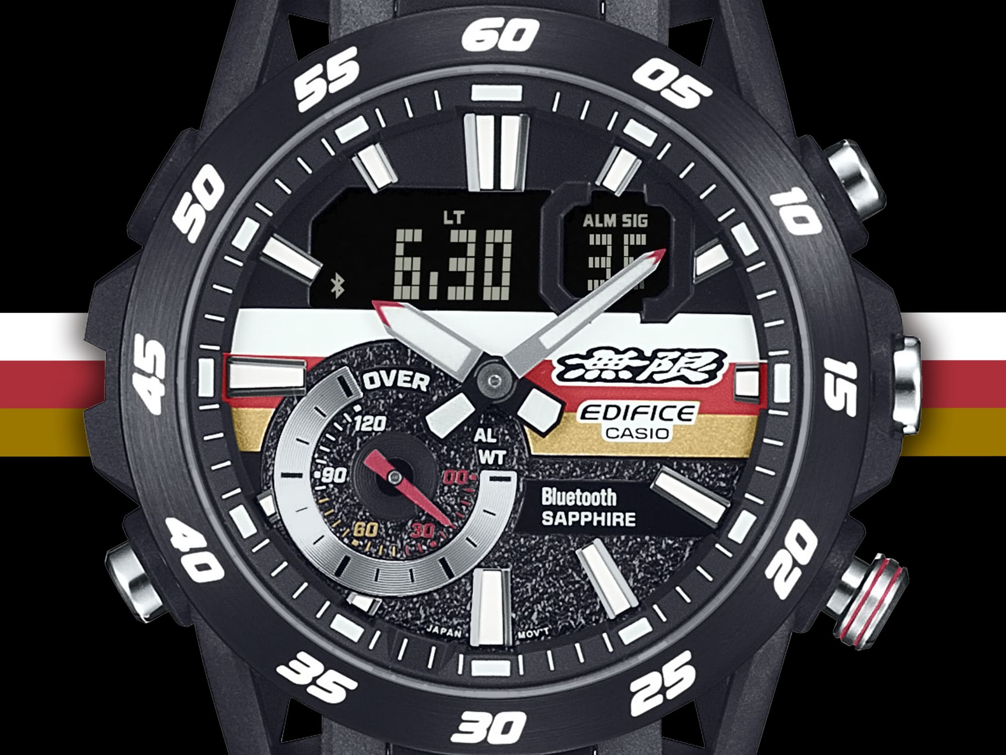 Gros plan sur la montre EDIFICE ECB-40MU avec cadran rond noir et rayures blanches/rouges/jaunes au centre.