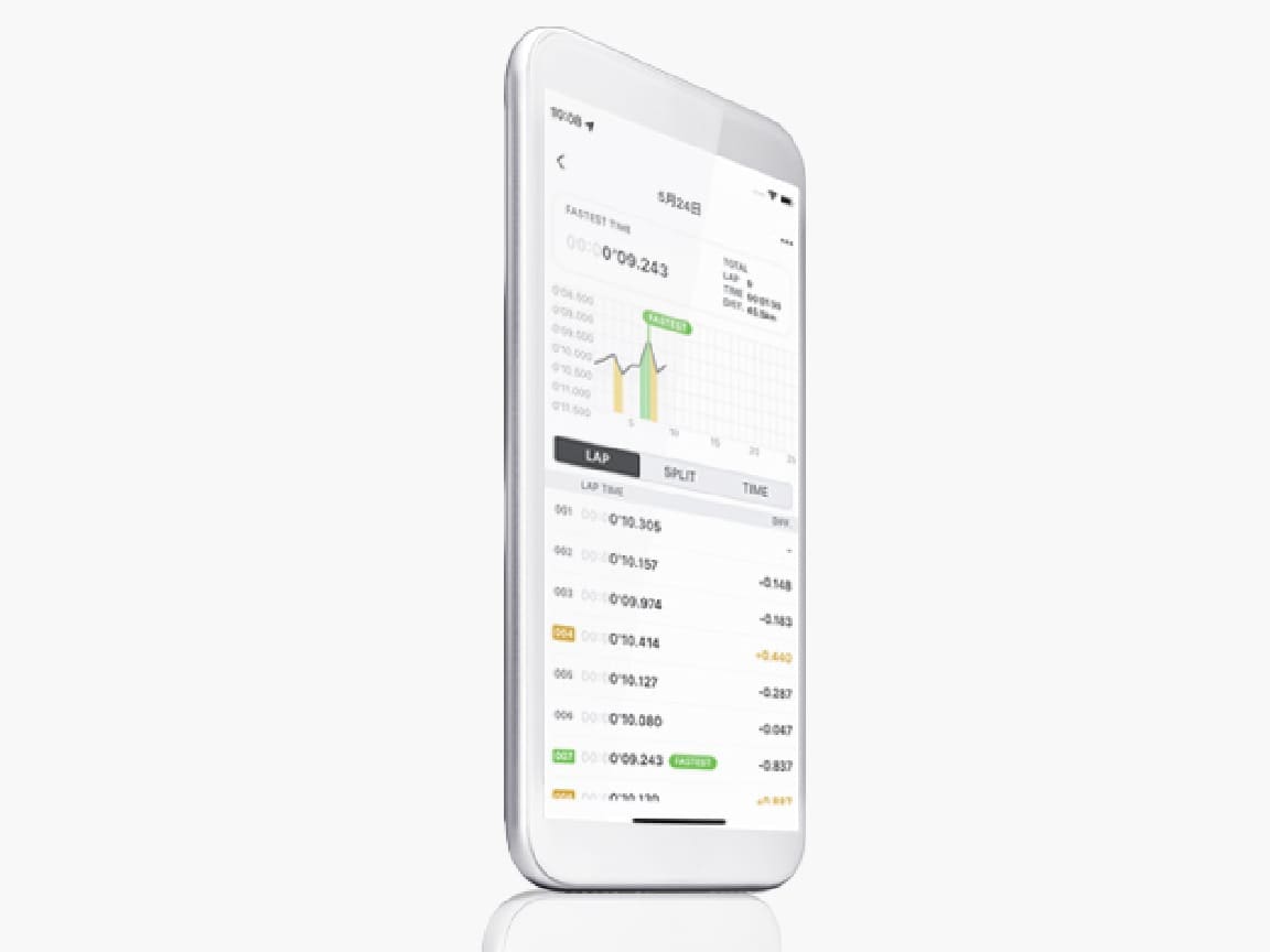 Un smartphone affichant des temps au tour mesurés avec le chronomètre d'une montre ECB-2000