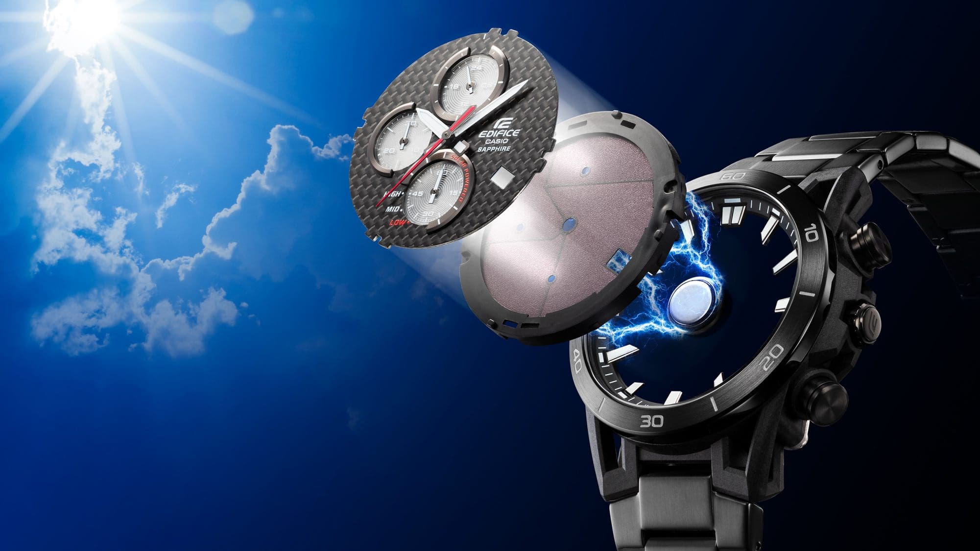 Graphique du cadran et du module solaire flottant devant un boîtier de montre. Des rayons d'énergie bleus relient le module solaire et le boîtier.