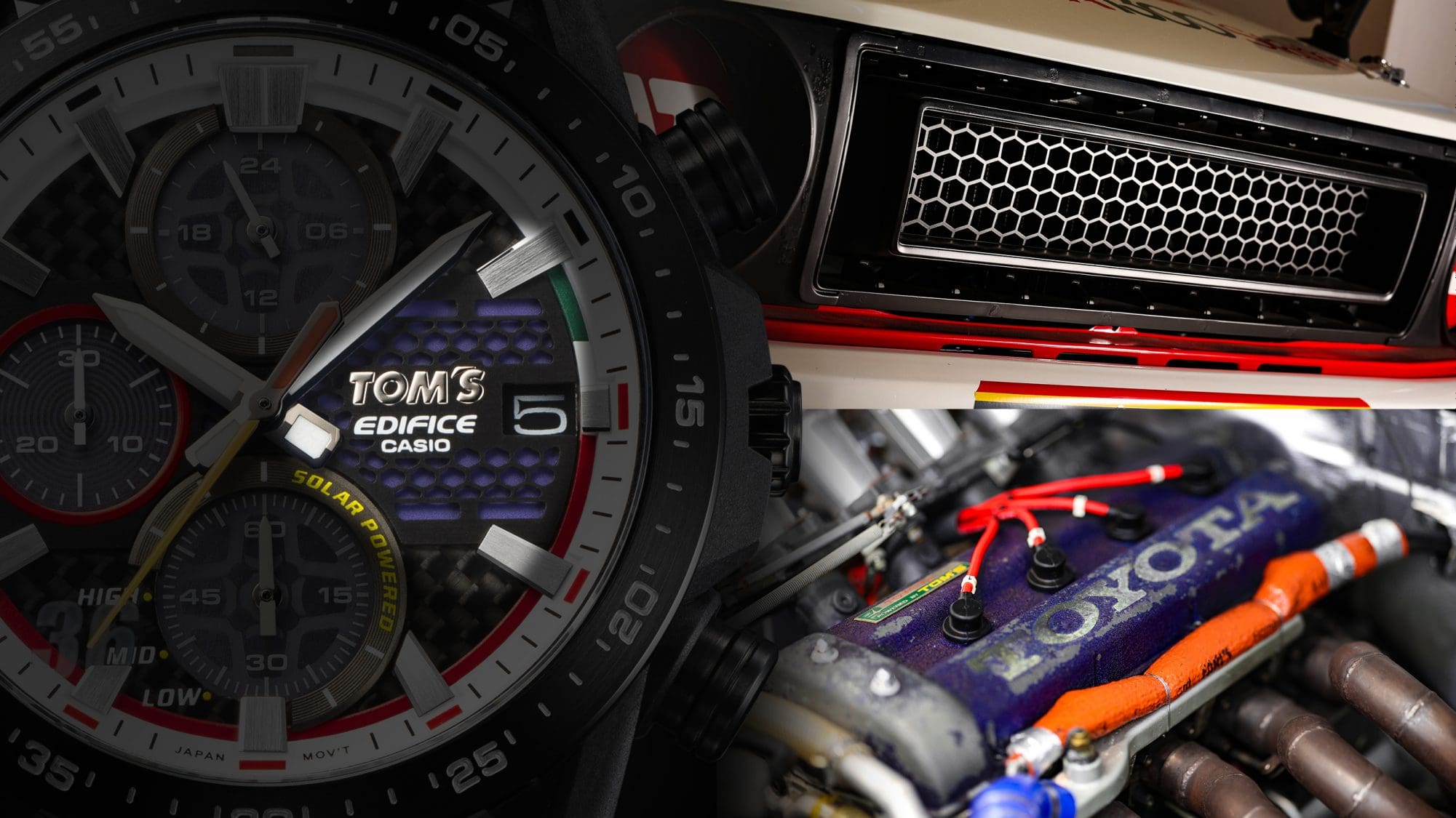 À gauche : Gros plan sur le cadran de la Casio Edifice EFS-S641TMS-1A, avec focalisation sur le motif violet du filet. À côté : Calandre et capot du moteur 3K-R de la TOM'S KP47 Starlet.