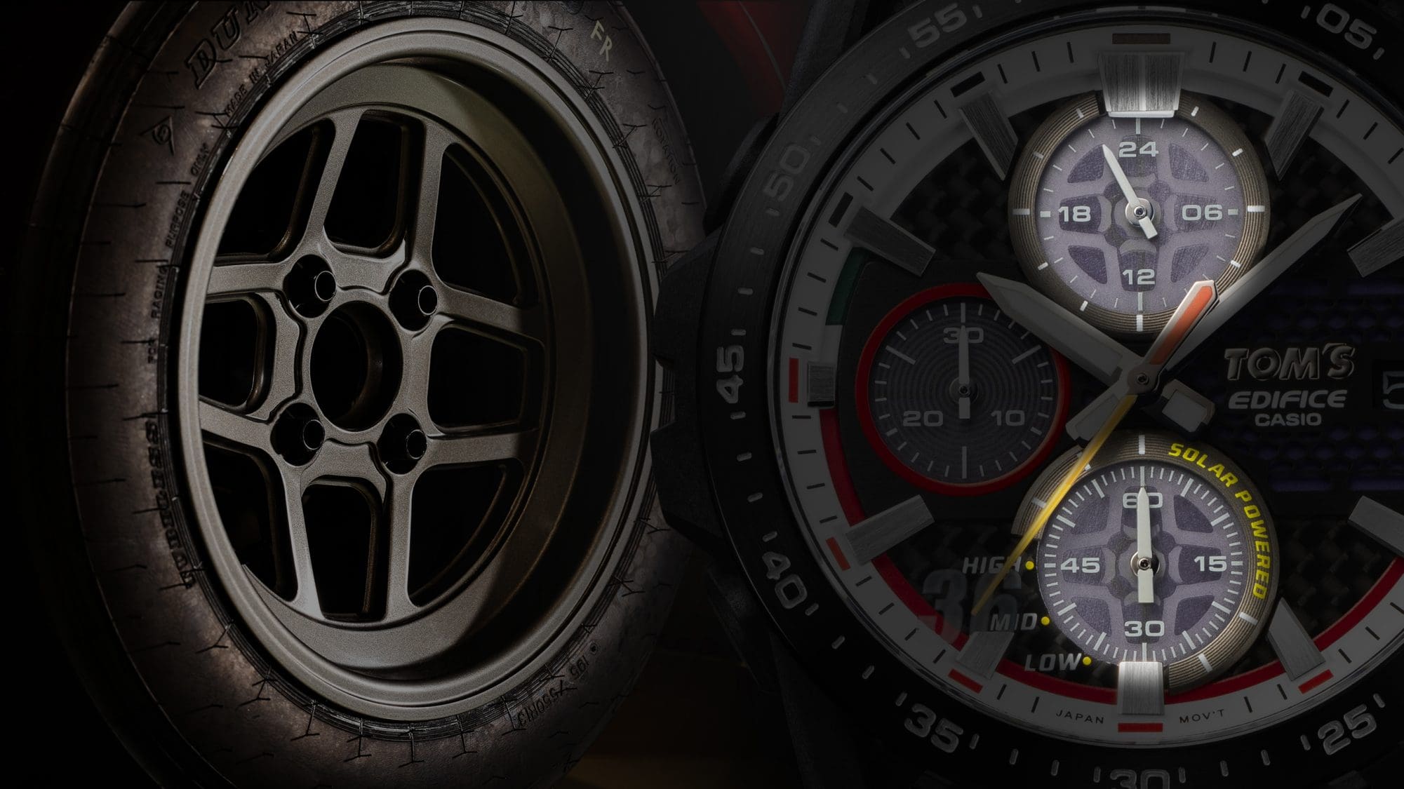À gauche : Gros plan sur les jantes Igeta de la TOM'S KP47 Starlet, à droite : détail des cadrans encastrés supérieur et inférieur du chronographe EFS-S641TMS-1A.