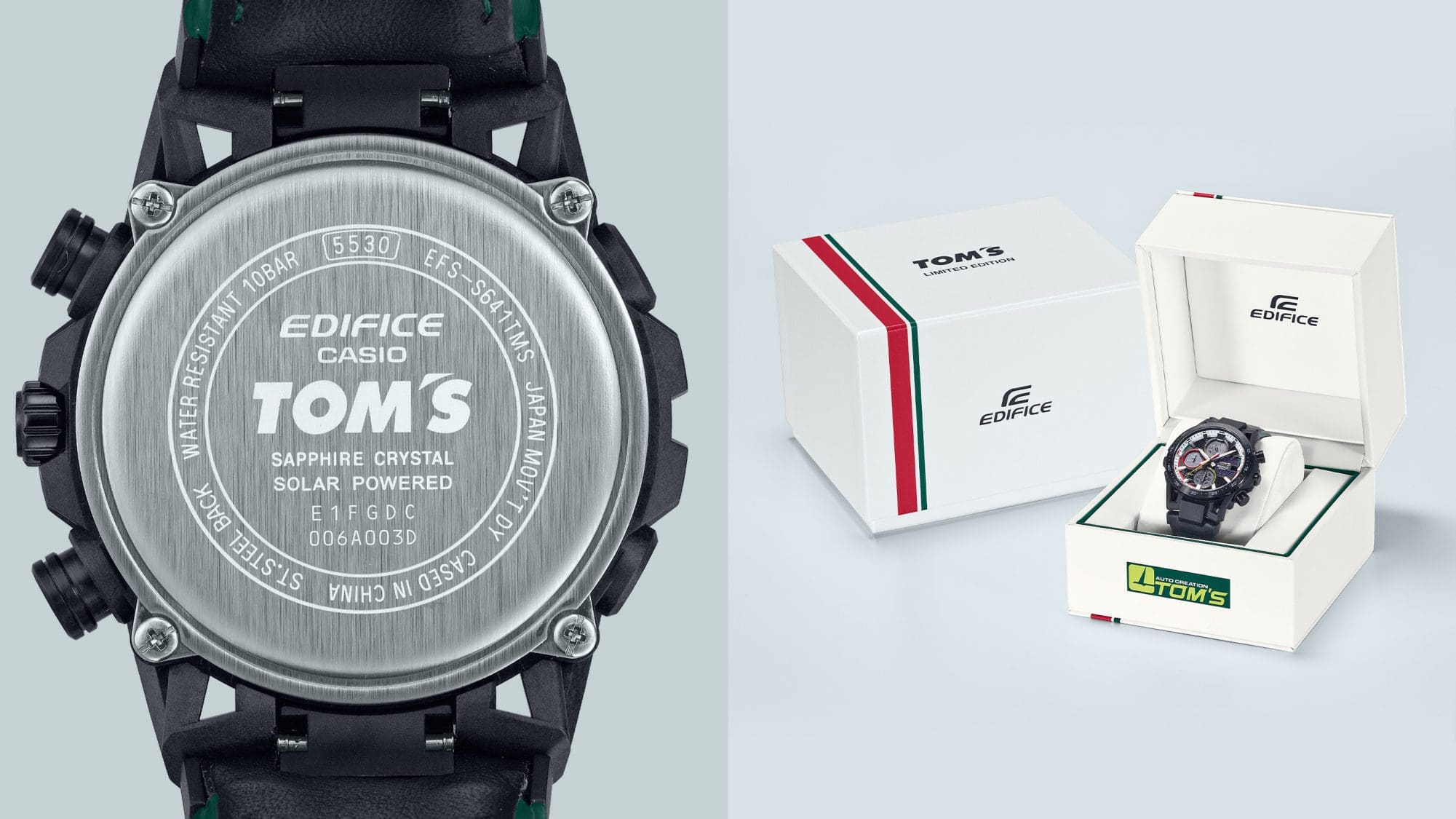 Gauche : Dos du boîtier gravé du logo TOM'S et du logo EDIFICE, à droite : la boîte d'emballage de la Casio Edifice EFS-S641TMS-1A.