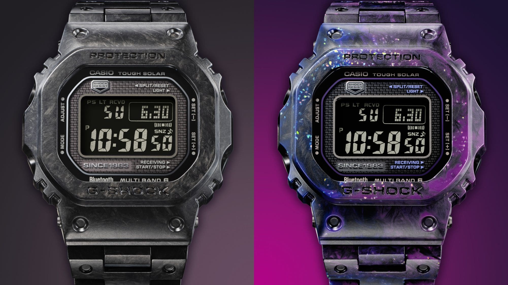 À gauche : La Casio G-Shock GCW-B5000UN-1, à droite : la GCW-B5000UN-6.
