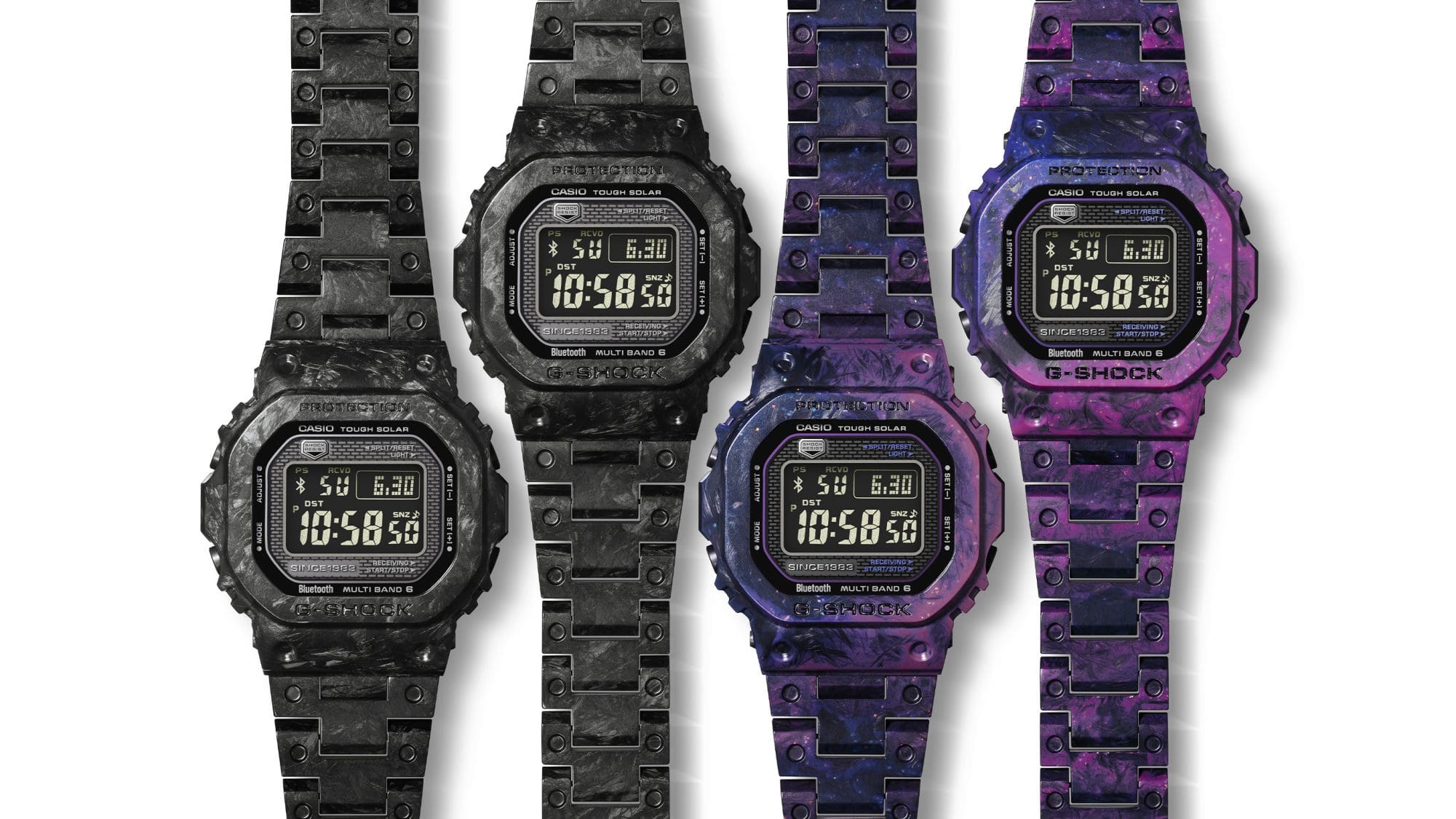 Quatre montres GCW-B5000UN côte à côte, toutes légèrement différentes en termes de couleurs et de motifs.