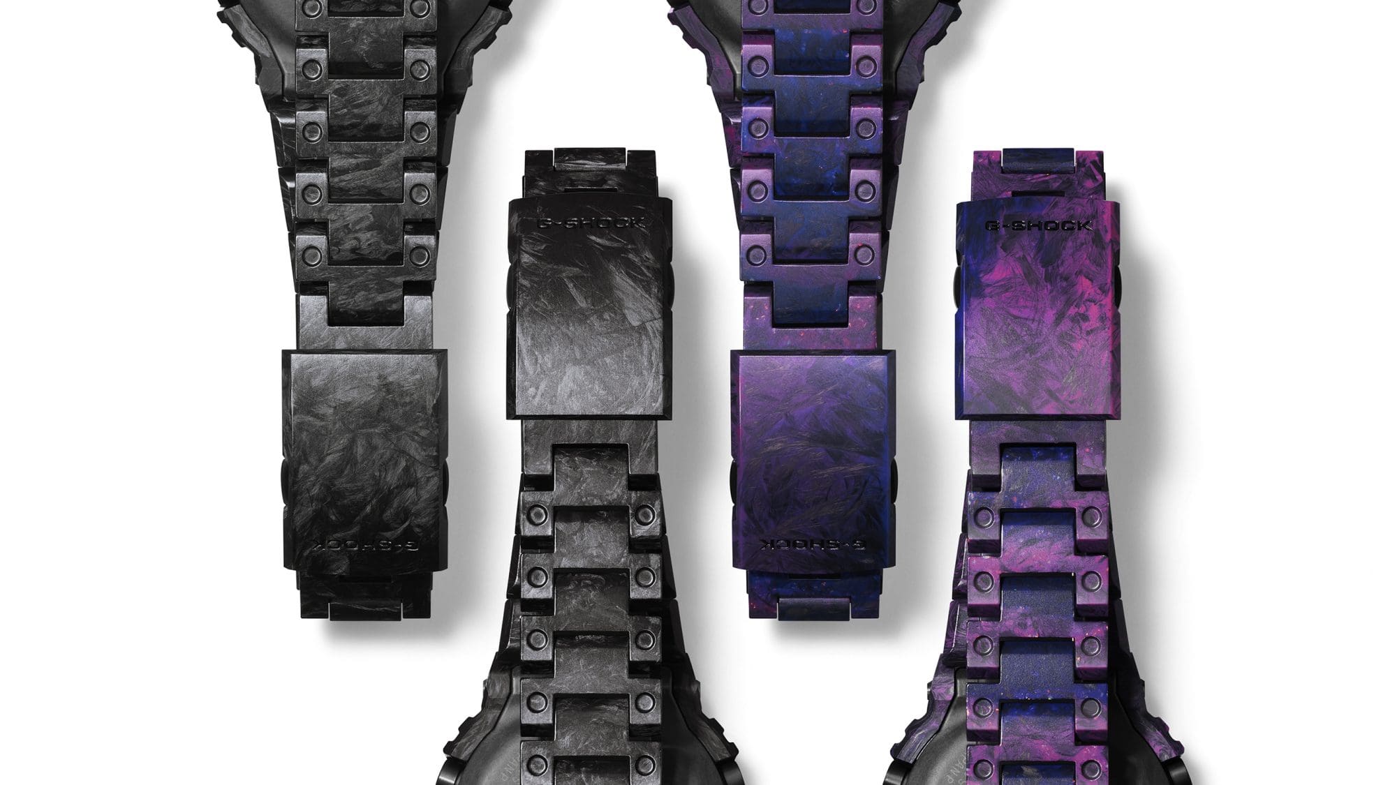 Quatre boucles de montres GCW-B5000UN côte à côte, toutes légèrement différentes en termes de couleurs et de motifs.