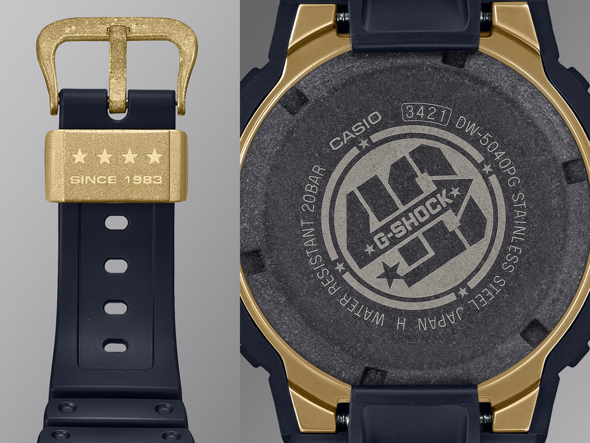 À gauche : le bracelet noir de la DW-5040PG-1 avec boucle dorée gravée de quatre étoiles, à droite : le dos du boîtier avec le logo du 40e anniversaire de G-Shock