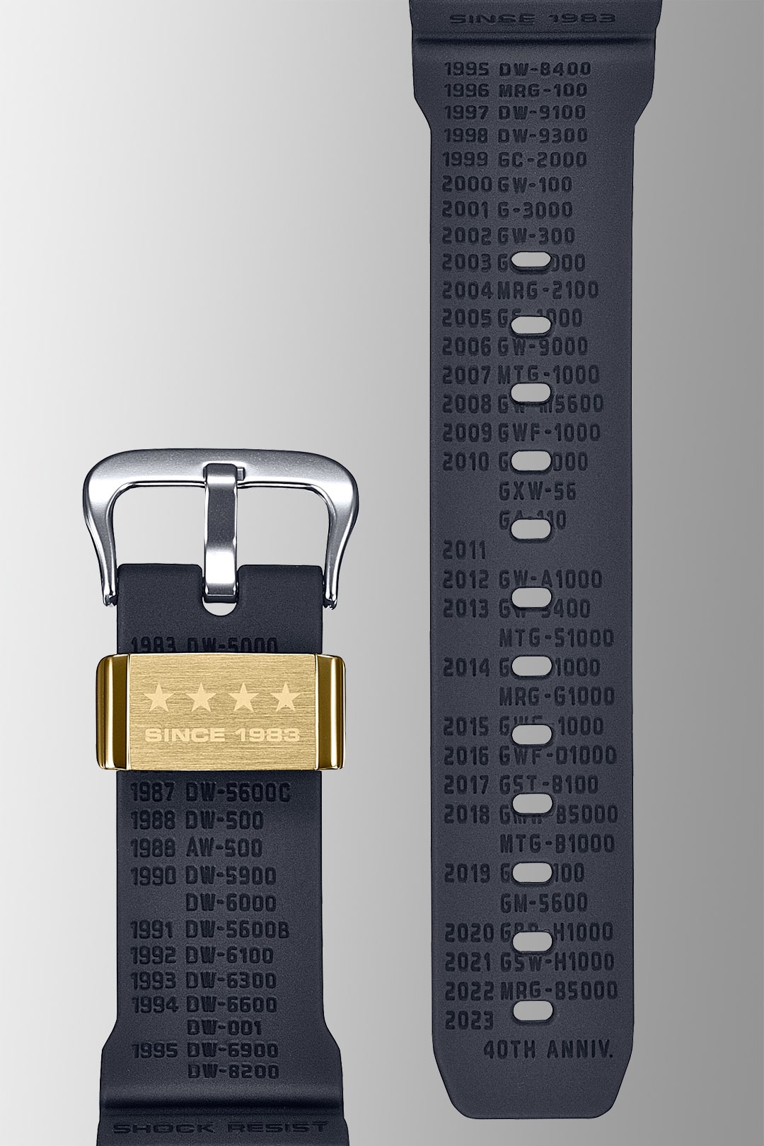 À gauche : le bracelet noir de la DWE-5657RE-1 avec boucle dorée gravée des quatre étoiles et de la mention « Since 1983 » ; à droite : gros plan sur les numéros de modèle G-Shock estampés avec l'année sur le bracelet.