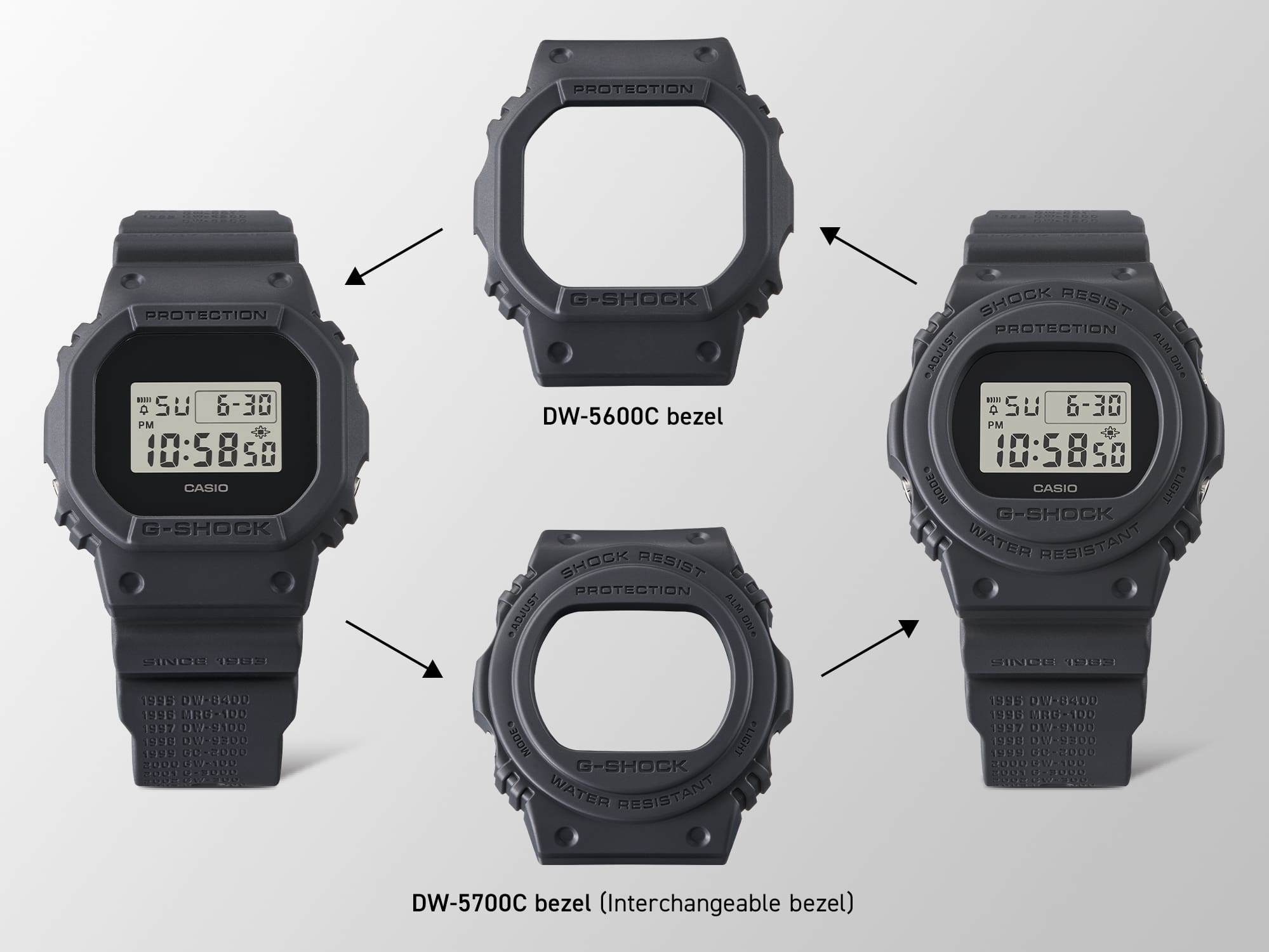 Les deux visages de la montre-bracelet DWE-5657RE-1 : grâce aux lunettes interchangeables dans le style de la DW-5600C ou de la DW-5700C