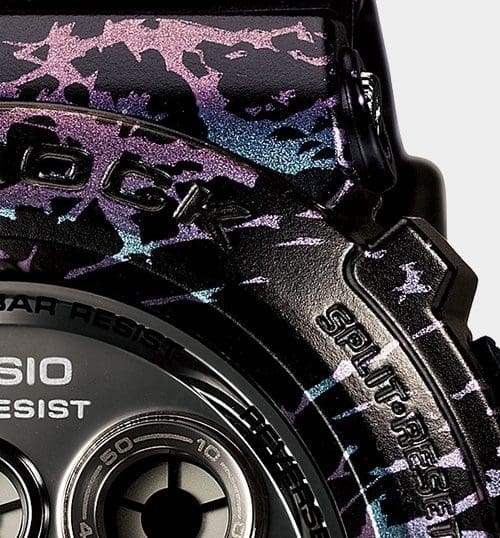 Détail du boîtier marbré de noir et de métal de la Casio G-Shock GD-X6900PM-1