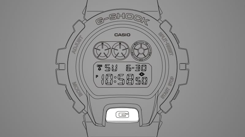 Croquis d'un modèle de série 6900 en gris, le bouton de rétro-éclairage est en blanc.