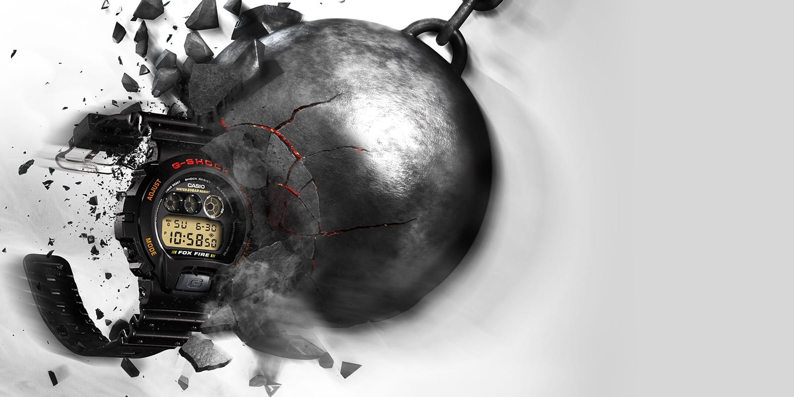 Un boulet de démolition s'écrase sur une montre G-Shock DW-6900B-9, qui reste intacte.