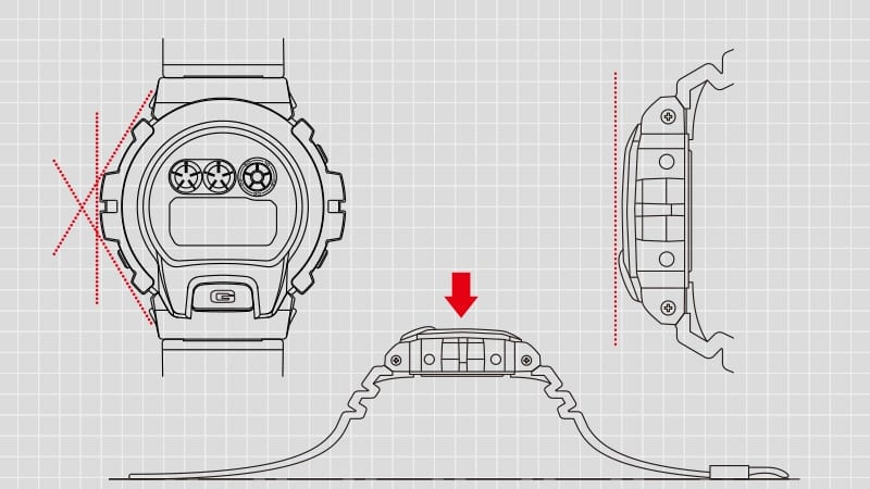 Dessin conceptuel de la montre Casio G-Shock DW-6900-1V et de sa couverture multidirectionnelle.
