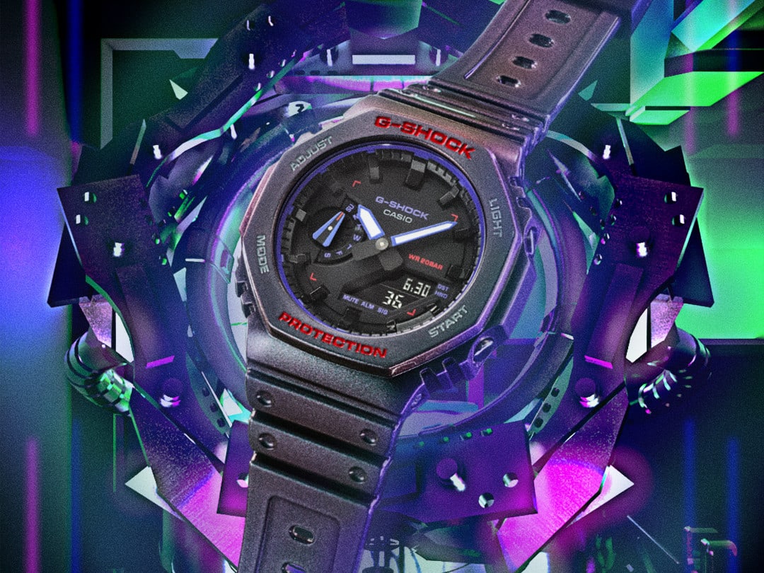 Vue oblique du cadran de la montre analogique-numérique GA-2100AH-6A