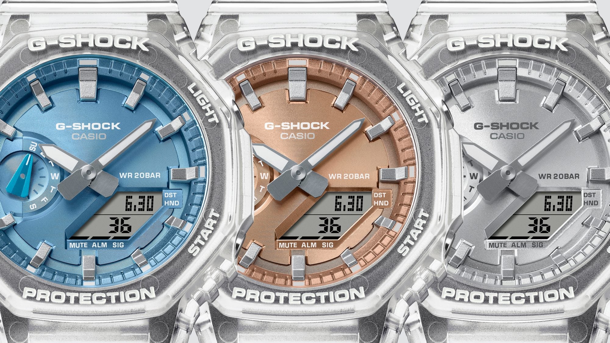 Gros plan sur les trois montres Bright Metallic de G-SHOCK, des modèles analogiques dotés d’un boîtier octogonal et d’un petit affichage numérique de la date. 