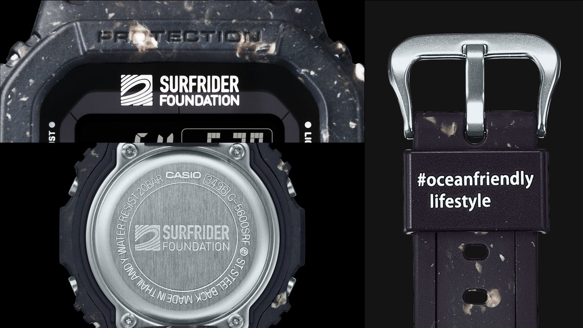 En haut à gauche : gros plan du logo et de l'inscription « Surfrider Foundation » sur le cadran de la G-5600SRF-1, en bas à gauche : dos du boîtier avec gravure « Surfrider Foundation », à droite : gros plan sur le fermoir du bracelet et l'impression #oceanfriendlylifestyle sur le bracelet
