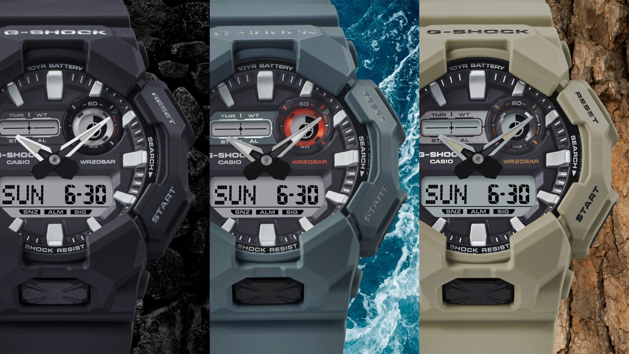De gauche à droite : GA-010-1A, GA-010-2A, GA-010-5A Trois variantes de couleur des montres GA-010 côte à côte : la GA-010-1A noire, la GA-010-2A gris-bleu et la GA-010-5A beige