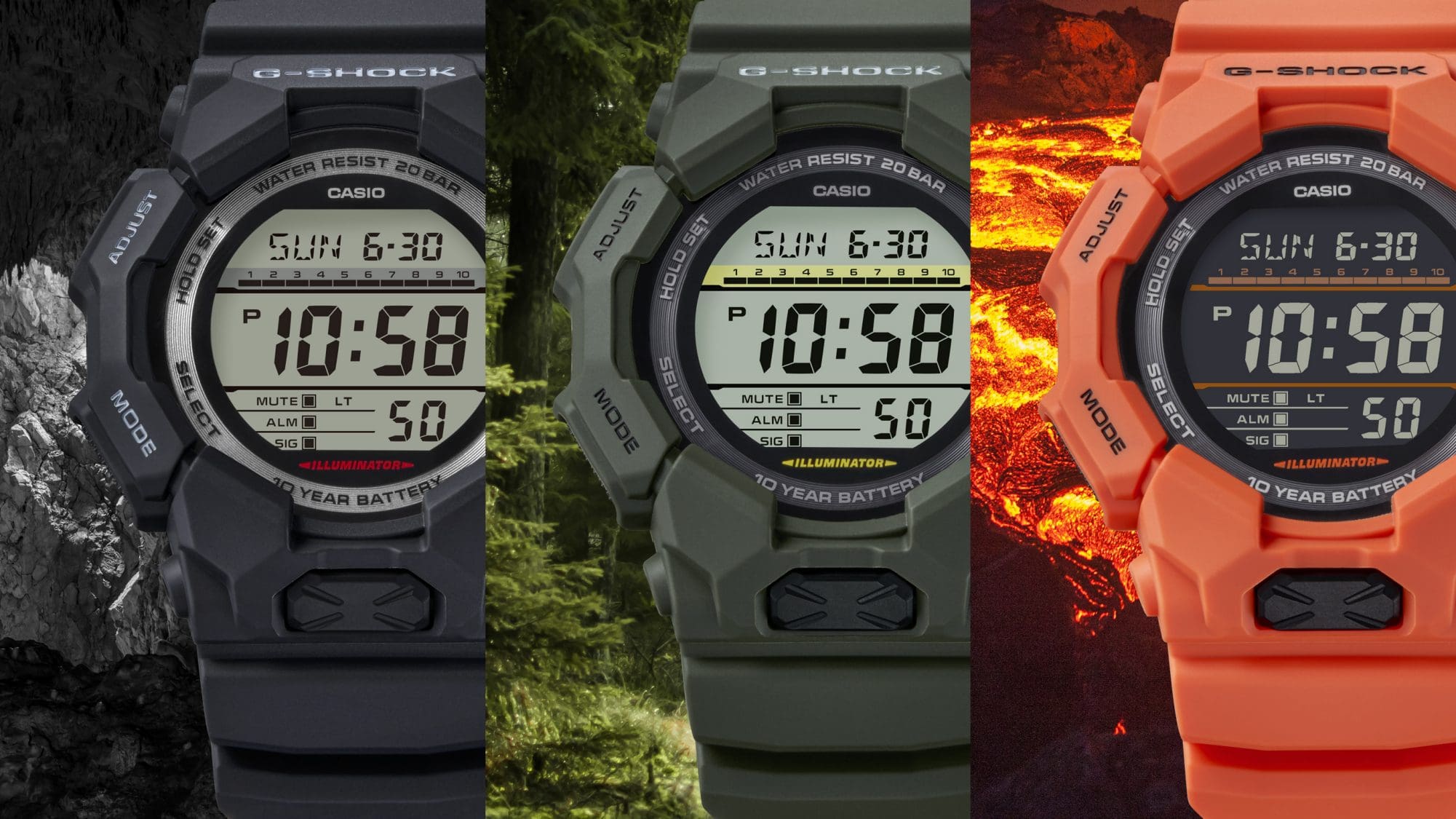 De gauche à droite : GD-010-1, GD-010-3, GD-010-4 Trois variantes de couleur des montres GD-010 côte à côte : la GD-010-1 noire, la GD-010-3 verte et la GD-010-4 rouge