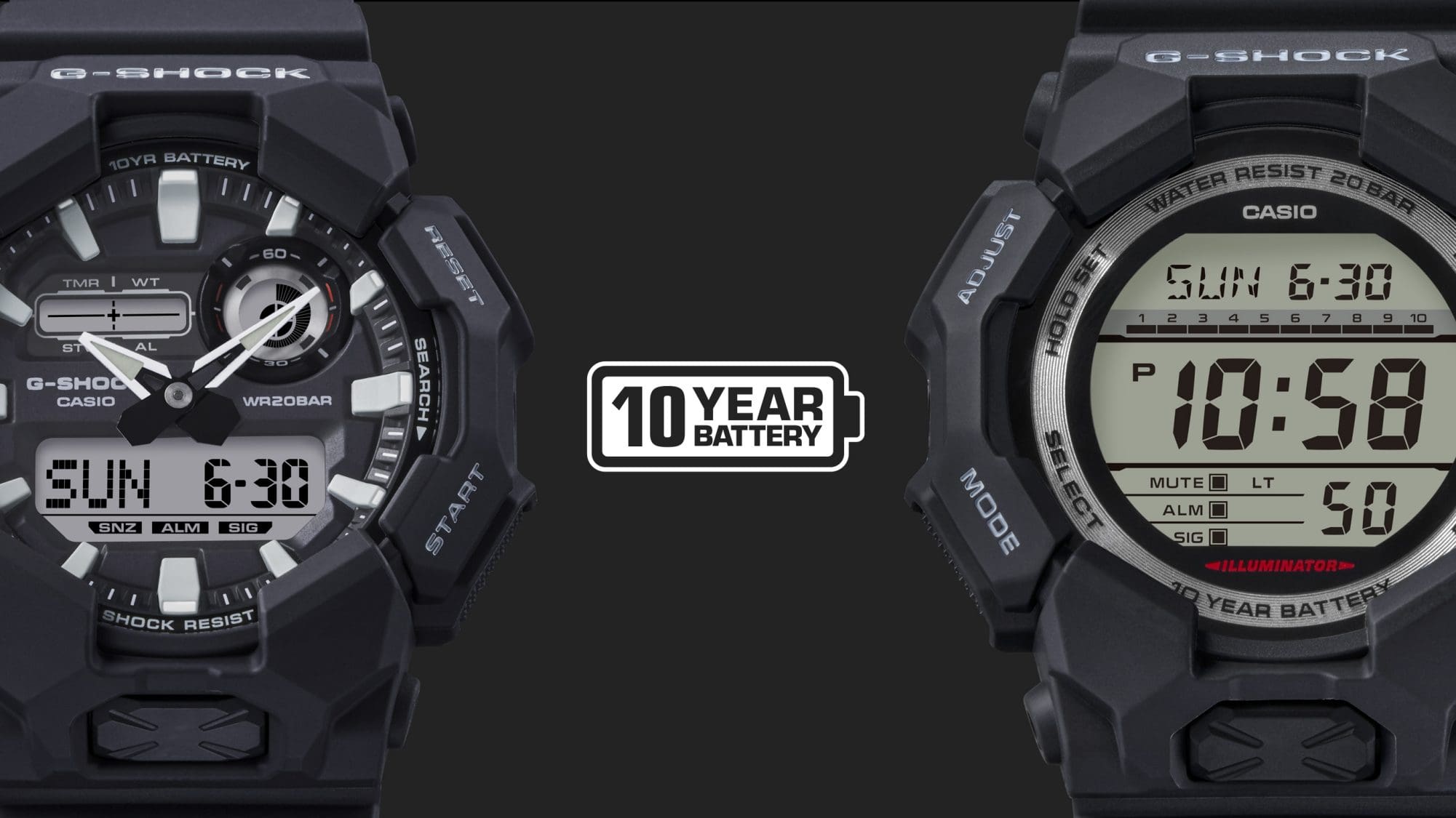 Les montres G-SHOCK GA-010 et GD-010 côte à côte, séparées par une icône indiquant « 10 year battery ».