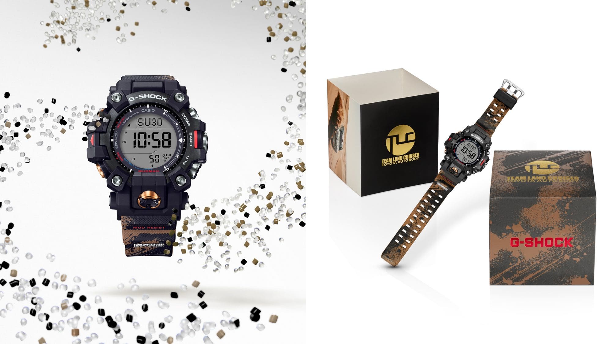 À gauche : la Master of G GW-9500TLC-1 entourée d'un tourbillon de granules de résine noirs, bruns et transparents. À droite : la montre-bracelet entre ses boîtes d'emballage